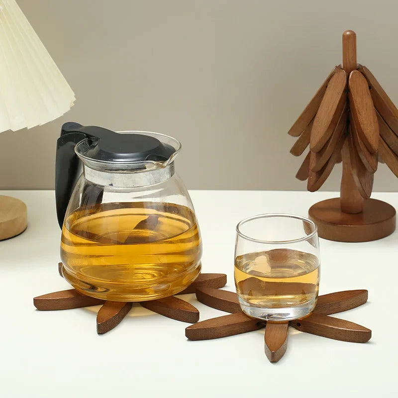 Natural bamboo trivets adding warmth to cozy dining space